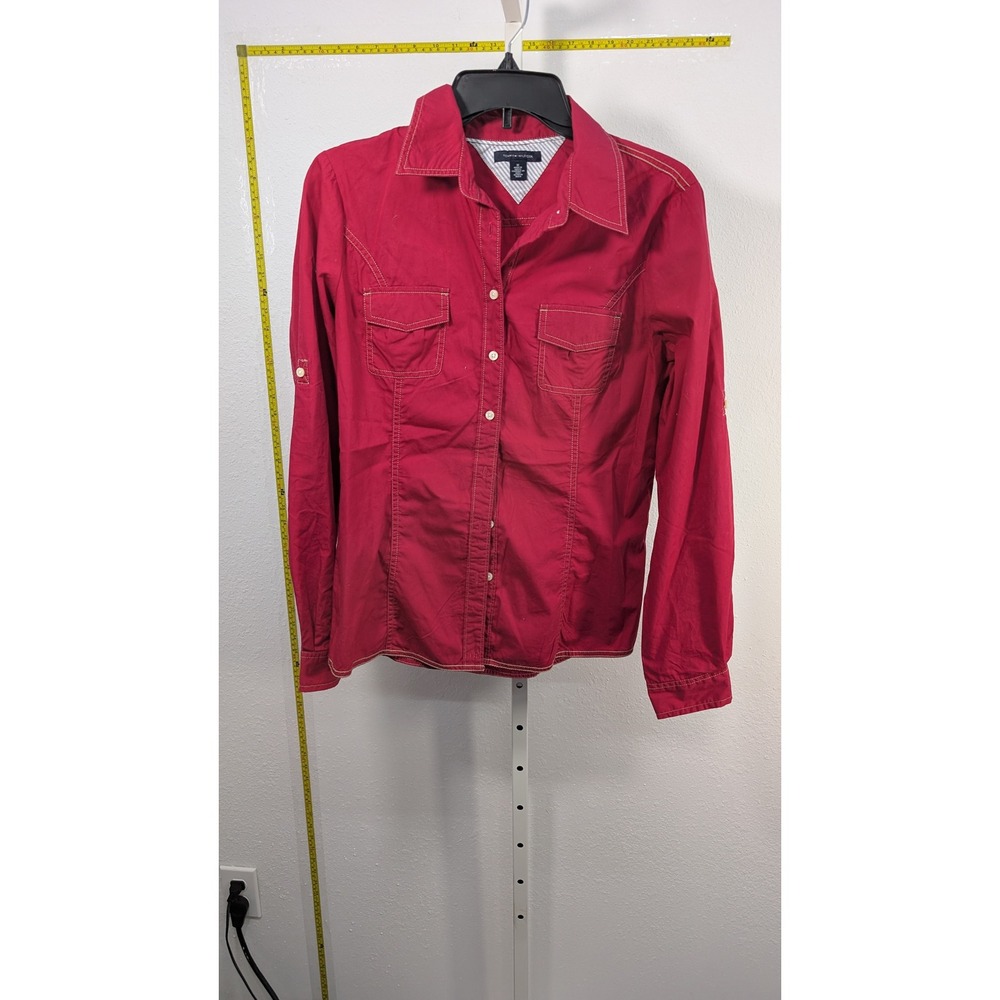 Tommy Hilfiger Womens Red Button Down Shirt Long Sleeve Contrast Stitch Size M
